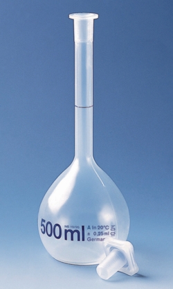 [EN]: Volumetric flask 250ml, PMP cl.A, NS 19/26, with PP stopper height 235 mm, with certificate