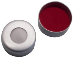 LLG-11mm magnetic crimp cap, silver lacquered with 5mm hole; silicone white/PTFE red, 45&deg; shore A, 1,3mm, pack of 100
