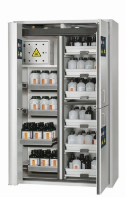 Saftey cabinet hazardous substance center type 90 1200x615x1969mm, RAL 7035/RAL, 4x pull-out tray, 6x tray extractor with PP tu