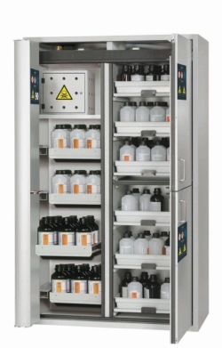 [EN]: Combi-Safety Cabinet Type 90 1197x617x1969mm, RAL 7035, 4 x pull-out tray, 1x bottom drip tray, 6x tray extension