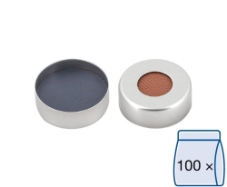 [EN]: Aluminium crimp cap N 20, silver, center hole, butyl red/PTFE grey, hardness: 50&deg; shore A, thickness: 3 mm, pack of 100pc