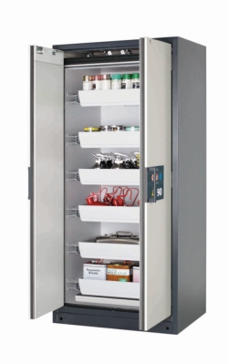 [EN]: Safety cabinet Q-PEGASUS-90 WDAC with wing doors, front RAL7035, 893x615x1953mm, incl. 6 pull-out shelves