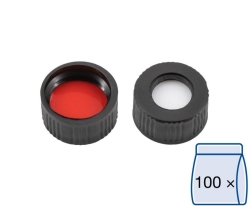 [EN]: Screw caps N 9, black PP, center hole Silicone white/PTFE red, Hardness: 45&deg; shore A, Thickness:1.0mm,pack of 100