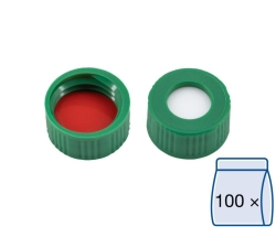 [EN]: screw cap,N 9 PP, green, center hole Silicone white/PTFE red Hardness: 45&deg; shore A Thickness: 1.0 mm pack of 100
