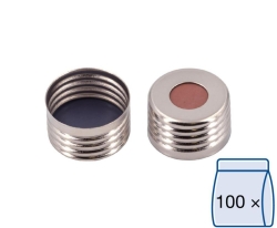 N 18 magnetic screw cap, silver, center hole Butyl red/PTFE grey Hardness: 50&deg; shore A Thickness: 1.5 mm pack of 100