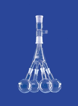 [EN]: Distilling Receiver acc. to Bredt, 100 ml straight, 4 flasks, NS 29/32, acuum connection GL 18