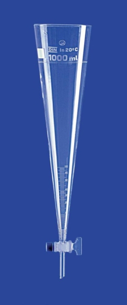 [EN]: Sedimentation cone acc. to Imhoff with stopcock, scale up to 100 ml, ring mark at 1.000 ml, borosilicate glass 3.3