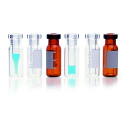 Cromatog. Vial 9 mm, 2 ml transparente, borde acampanado, rosca de tornillo, inserto de vidrio transparente de 350 ul, paquete