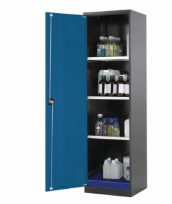 [EN]: Chemical cabient CS-Classic wing door, RAL5010, 3 lower shelves electroplated, 1 bottom tray