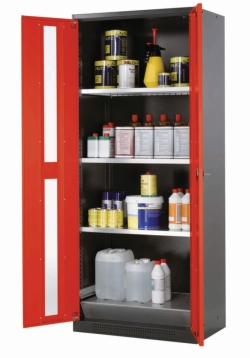 [EN]: Chemical cabient CS-Classic wing door, RAL3020, 3 lower shelves, 1 bottom tray