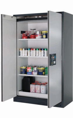 [EN]: Safety cabinet Q-Classic-90 WD 1200x615x1955mm, silver, incl.3 shelves, perforated plate isnert and bottom tank