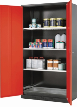 [EN]: Safety cabinet chemicals with swing doors, incl. 3 shelfs zinc plated body RAL3020, 1055x520x1950mm
