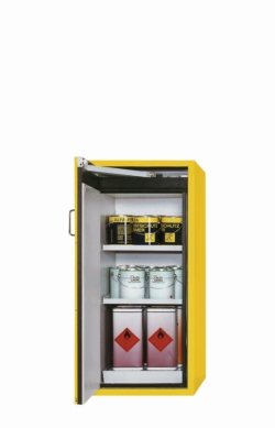 [EN]: Safety cabinet PHOENIX Type 90 600 x 615 x 1298 mm (BxTxH), wing door, safety yellow RAL 1004, incl. 2 lower shelves,