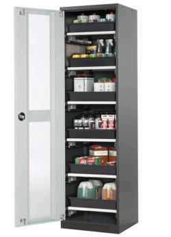 [EN]: Swing door cabinet with glass RAL 7016, 545 x 520 x 1950 mm (WxDxH) with 6 tray excerpts and bottom tray