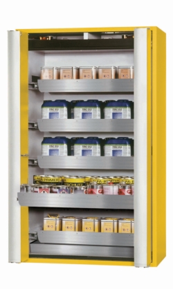 [EN]: Saftey cabinet S-PHOENIX-90 FDAS 1200 x 615 x 1968 mm (WxDxH), 5 pull-out shelves, yellow RAL 1004