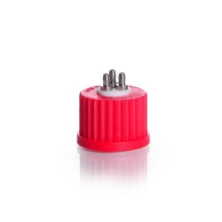 [EN]: Connectio cap system GL 25 red PBT screw-cap with PTFE insert and 3 ports (stainless steel)