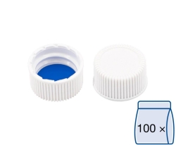 Screw caps N 18, white closed, silicone white/ PTFE blue, septa thickness: 1.3 mm, pack of 100