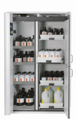 Combi safety cabinet K-Phoenix, RAL 7035, incl. 3 shelves, 1 perforated metal plate insert, 1 bottom collecting sump, 4 pull-ou