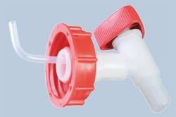 [EN]: Tap with screw DIN 60/61 for cans, natural, red rotary handle, sleeve connection 19mm (3/4 ")