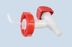 [EN]: Drain cock with fitting DIN 51 natural, red rotary handle/fitting, sleeve connection 19mm (3/4")