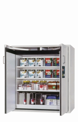 [EN]: Safety cabinet S-CLASSIC-90 WD incl. 3 lower shelves, perf.sheet RAL7035 light grey, 1196x616x1298mm