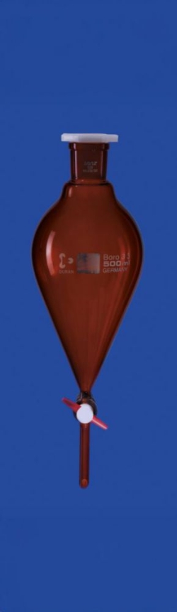 [EN]: Separating funnel 500 ml, NS 29/32 borosilicate glass 3.3, PTFE cock, conical, w/o. division, bore 4.0mm, amber glas