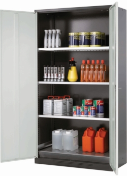 [EN]: Chemical cabinet CS-Classic 1055 x 520 x 1950 mm (WxDxH), swing doors grey RAL 7035, 3 shelves, 1 perforated sheet