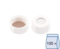 [EN]: Screw-caps N 20, PP, white 20-400, hole, silicone white/ PTFE beige, 45&deg; shore A, 1,5mm, pack of 100