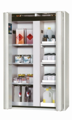 [EN]: Safety cabinet type S-PHOENIX-90 RAL 7035, 1196x616x1968mm, incl. 3 shelves, 1 perforated metal plate insert, 3 tray shel
