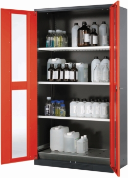 [EN]: Safety cabinet chemicals CS-Classic-G Corpus RAL7016 anthracite, doors RAL3020 red 3xshelves, 1xperforated insert, 1xbott