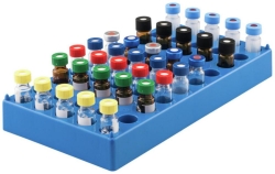 [EN]: Vial rack blue, max. diameter 12 mm 50 positions, 190x100x22 mm, polypropylene