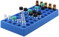 [EN]: Vial rack blue, max. diameter 15 mm 50 positions, 240x120x28 mm, polypropylene