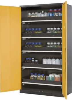 [EN]: Chemical cabinet CS-classic 1055 x 520 x 1950 mm (WxDxH), safety yellow structure RAL 1004, 5x shelf extension AbZ