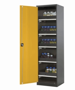 [EN]: Chemical cabinet CS-Classic 545x520x1950mm (WxDxH), body RAL 7016, with hinged door RAL 1004, 5x shelf pull-out with tray