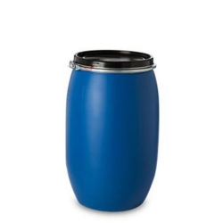 [EN]: HDPE barrel 120 l, round, blue with lid and clamping ring, 5400 g, Folding handles 1H2/x61/S