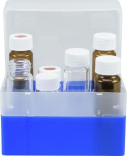 [EN]: Container blue, 16 position,with removeable devider for screw neck vials N 24, outer length: 130 mm, outer width: 130 mm,