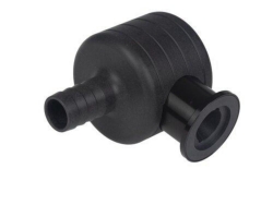[EN]: Elbow with small flange KF DN 25 and hose nozzle for tubing i.d. 19 mm, PP