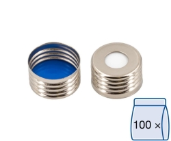[EN]: Magnetic screw caps N 18, silver center hole, Silicone white/PTFE blue, hardness:45&deg; shore A,thickness: 1.5 mm,pack of 10