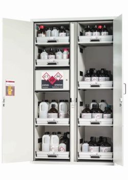 [EN]: Acid-Base Cabinet SL-CLASSIC MV.WD body and doors RAL 7035, 8x pull-out shelves, material plate PP/PE grey