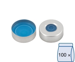Aluminium crimp caps N 20, silver center hole, silicone blue/ PTFE colourless, hardness 45&deg; shore A, thickness: 3 mm, pack of 1