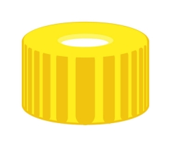 [EN]: Screw caps N 9, yellow PP, hole, silocone white/PTFE red, septa thickness 1.0 mm, pack of 100