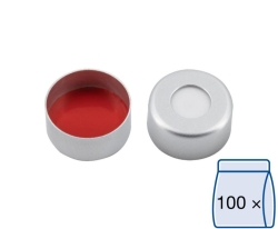 Aluminium Crimp Caps N 11 silver, center hole Silicone white/PTFE red, Hardness: 45&deg; shore A, pack of 100