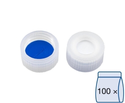 [EN]: Screw caps N 9, colourless sealing discs: silicone rubber white/PTFE blue, slitted, pack of 100