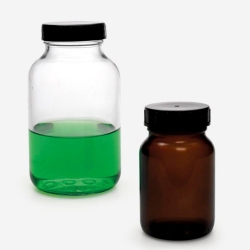[EN]: Wide Neck Bottles 50 ml, clear neck 32 mm, Ø 54 mm, H 75 mm, with PP screw cap, pack of 10