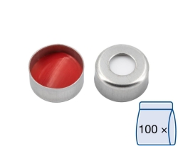 [EN]: Magnetic crimp caps N 11, silver center hole Silicone white/PTFE red, Hardness:45&deg;,shore A Thickness: 1.3 mm,pack of 100