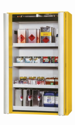 [EN]: Safety cabinet S-CLASSIC-90 WD WxDxH(mm) 1196x616x1968; safety yellow RAL1004 3x WB 1x LB 1x BW.S V=55,5L St.bl. besch.gl