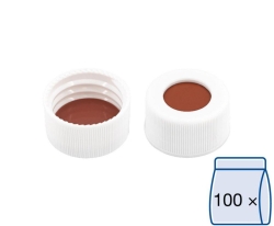[EN]: Screw caps N 24 (bonded), white PP, center hole, Red Rubber/TEF colorless, hardness: 45&deg; shore A,thickness:2.5 mm,pack of