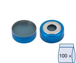 Bimetal crimp caps N 20, blue/silver center hole Silicone blue transpar./PTFE colorless Hardness: 40&deg; shore A Thickness: 3 mm,