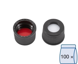 [EN]: Screw caps N 10 (bonded), black PP, center hole, Silicone white/PTFE red, hardness:45&deg;shore A,thickness: 1.5 mm, pack of