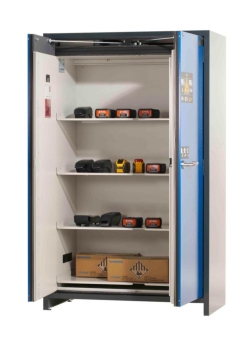 [EN]: Safety cabinet ION-CORE-90 1193x615x2294mm (WxDxH), RAL 7016/5010 4x tray shelves perfor. , 1x floor collecting tray